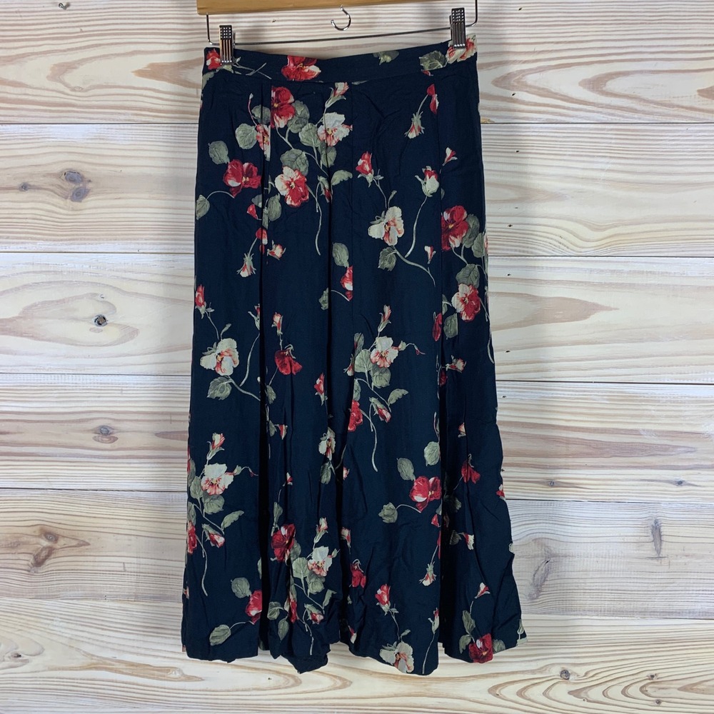 Koret Petites Midi Skirt Women 10P Navy Floral Poppy Pleated Vintage Cottage‎